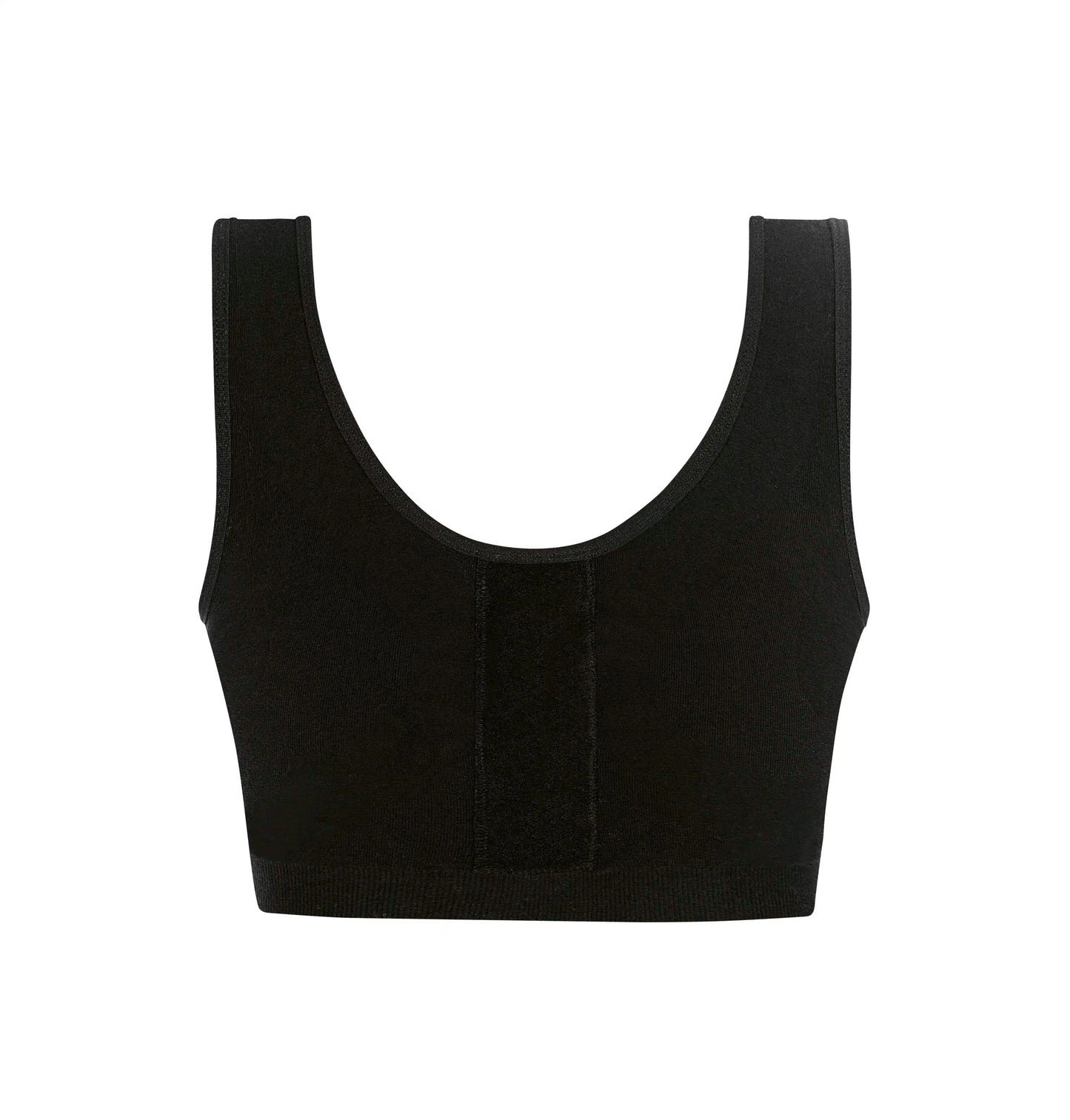 Detailed back view of Leyla surgical bra in black displaying compression design and hook-and-loop strap adjustments
