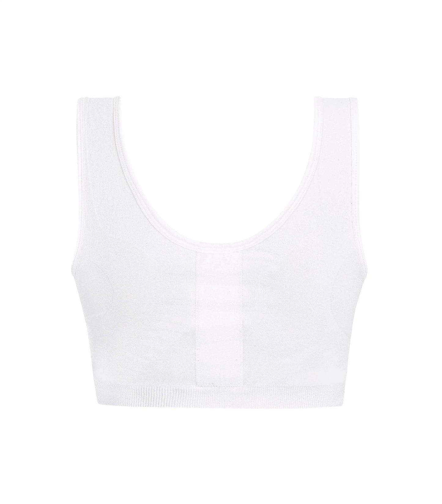Detailed back view of Leyla surgical bra in white displaying compression design and hook-and-loop strap adjustments
