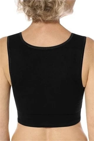 Back view of Amoena Lymph Flow bra in black displaying extended coverage and therapeutic compression zones