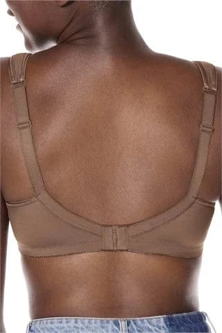 Back view of Isadora bra in mocha displaying wide padded straps and supportive band design