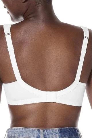 Back view of Isadora bra in white displaying wide padded straps and supportive band design