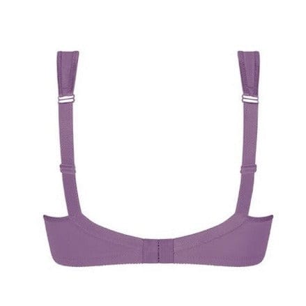 Detailed back view of Isadora bra in violet displaying wide padded straps and supportive band design