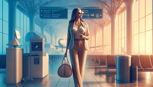 The banner showcases a confident traveler at an airport, subtly hinting at carrying a breast form in a discreet bag, set against a backdrop of airport security and flight info, embodying a dignified and prepared travel experience.