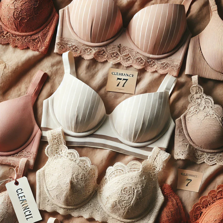 Assorted Amoena pocketed bras in soft pink, beige, and ivory lace styles, displayed with sale tags