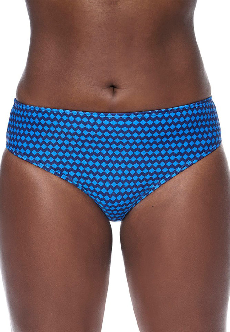 Amoena Padua blue patterned swim bottoms worn by a person on a white background