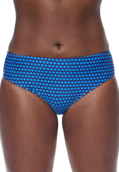 Amoena Padua blue patterned swim bottoms worn by a person on a white background
