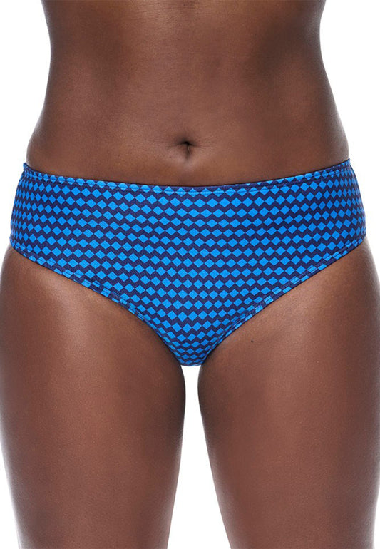 Amoena Padua blue patterned swim bottoms worn by a person on a white background