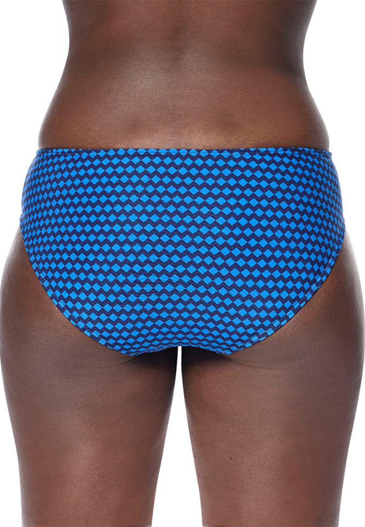 Amoena Padua blue patterned bikini bottom back view worn by a person on a white background