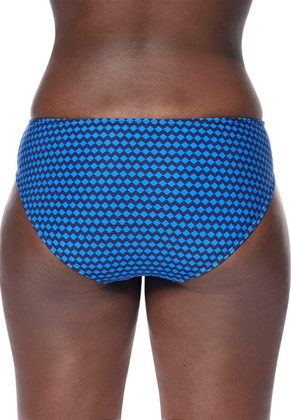 Amoena Padua blue patterned bikini bottom back view worn by a person on a white background