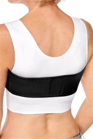 Back view of Amoena anatomical compression belt in black worn with surgical bra showing optimal positioning for recovery