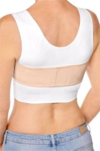 Back view of Amoena anatomical compression belt in rose nude worn with surgical bra showing optimal positioning for recovery