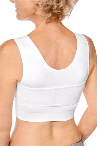 Back view of Amoena anatomical compression belt in white worn with surgical bra showing optimal positioning for recovery