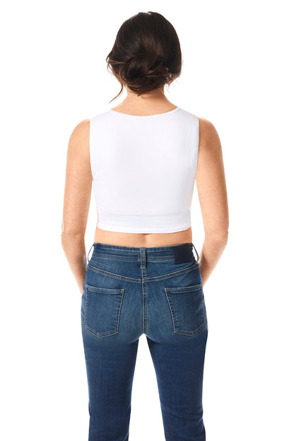 Back view of Lymph Flow bra displaying extended coverage and therapeutic compression zones