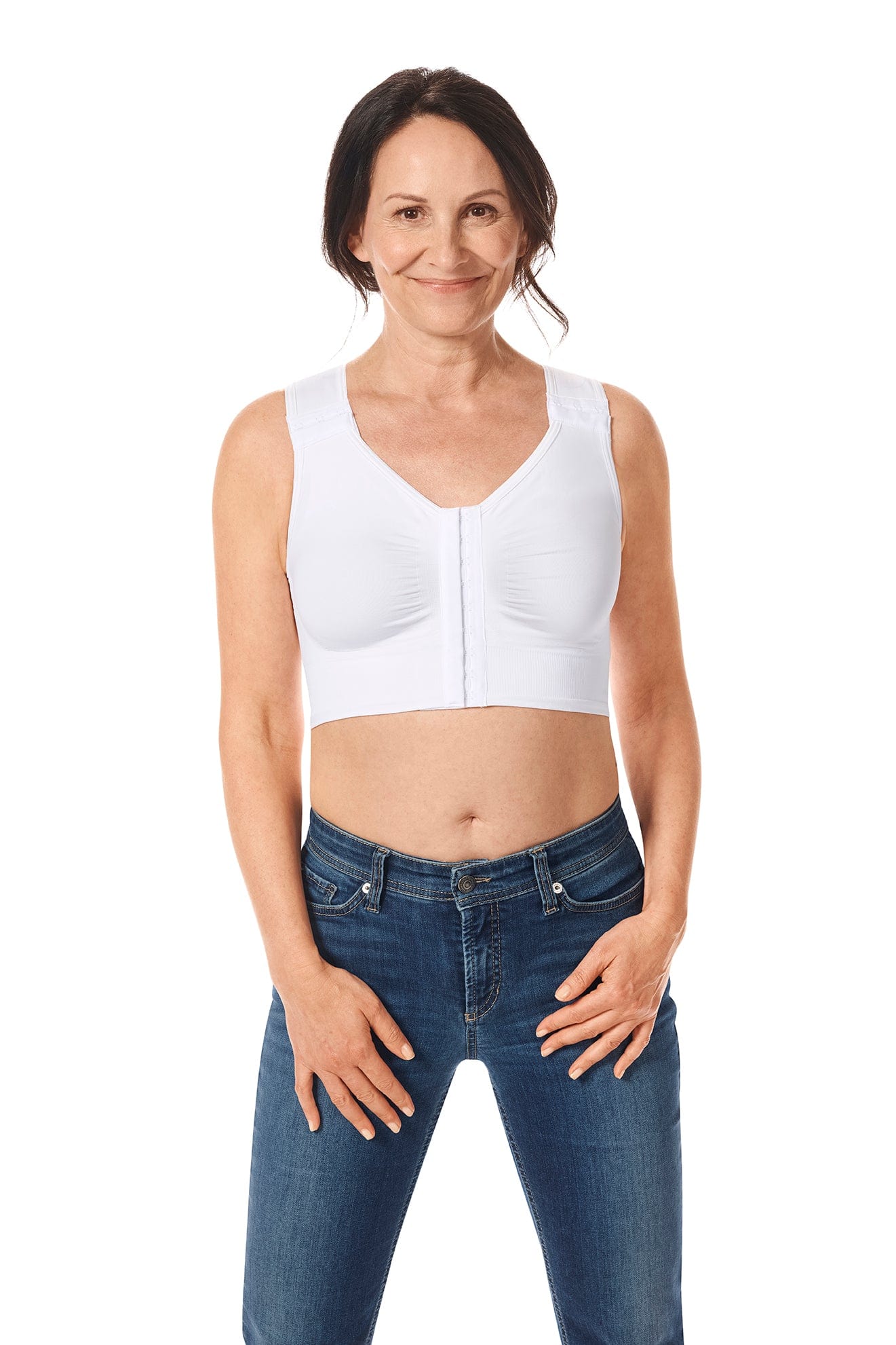 Front view of the Amoena Lymph Flow lymphedema management bra showing longline design and front zip closure