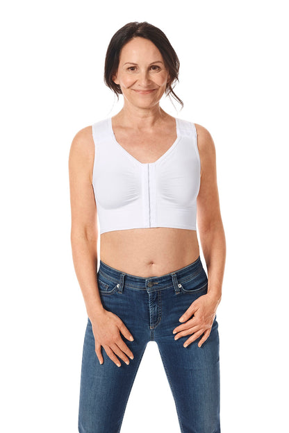 Front view of the Amoena Lymph Flow lymphedema management bra showing longline design and front zip closure