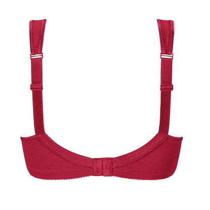 Detailed back view of Isadora bra in chili displaying wide padded straps and supportive band design