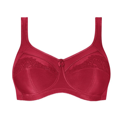 Detailed view of the Amoena Isadora wire-free bra in vibrant chili red showing three-part cup construction and decorative embroidery