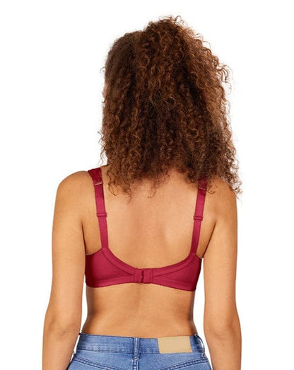 Back view of Isadora bra in chili displaying wide padded straps and supportive band design
