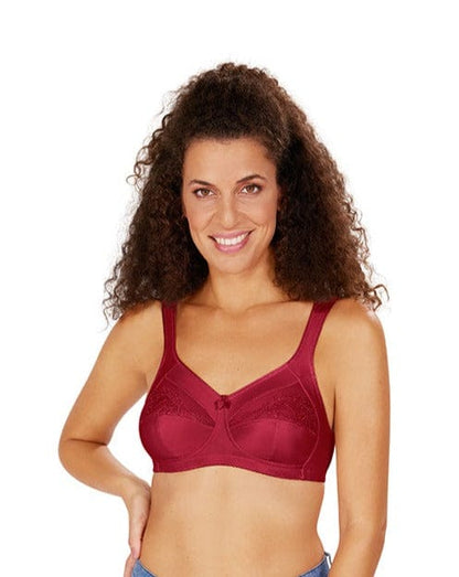 Amoena Isadora wire-free bra in vibrant chili red showing three-part cup construction and decorative embroidery