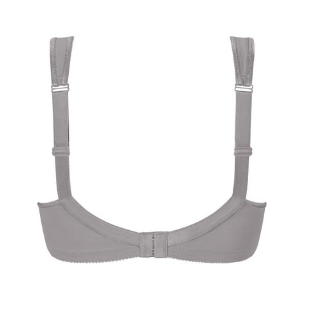 Back view of Isadora bra in grey displaying wide padded straps and supportive band design