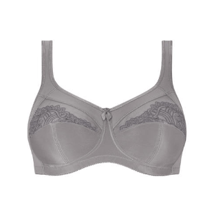 A detailed front view of the Amoena Isadora wire-free bra in versatile grey showing three-part cup construction and decorative embroidery