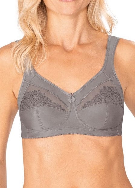 Amoena Isadora wire-free bra in versatile grey showing three-part cup construction and decorative embroidery