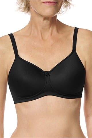 Amoena Mara padded wire-free bra in classic black showing molded cups and delicate flower center detail