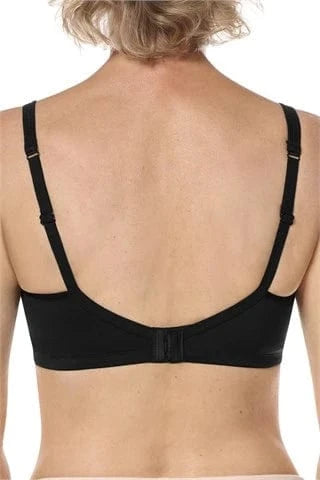 Back view of Mara bra in black displaying adjustable straps and comfortable band construction