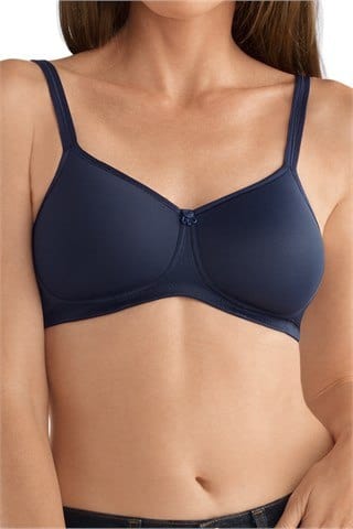 Amoena Mara padded wire-free bra in rich dark blue showing molded cups and delicate flower center detail
