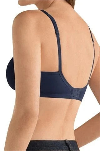 Back view of Mara bra in dark blue displaying adjustable straps and comfortable band construction