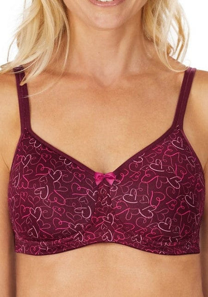 Amoena Mara padded wire-free bra in burgundy with heart pattern showing molded cups and delicate flower center detail