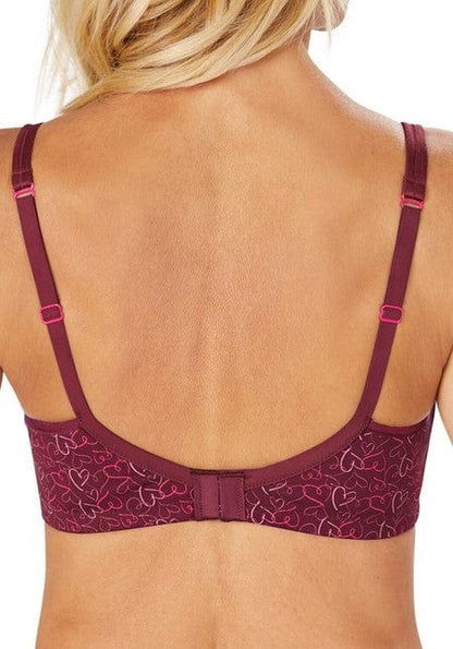 Back view of Mara bra in burgundy heart pattern displaying adjustable straps and comfortable band construction